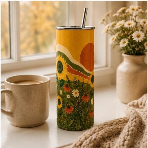 Retro Sunflower Skinny Tumbler, Boho Wildflower Cup, Sunflower Nature Gift, view 5