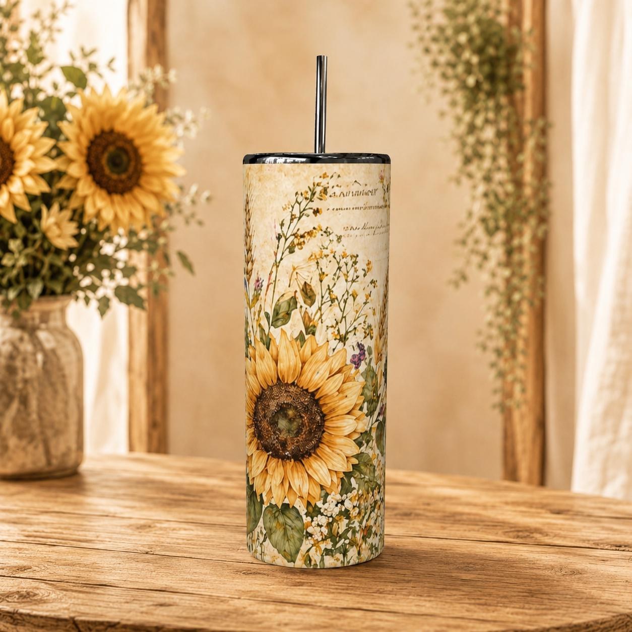 Wildflower Sunflower Tumbler, 20oz Stainless Steel Cup with Straw, Rustic Floral Gift for Her