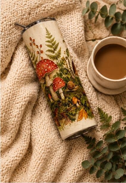 Mushroom Skinny Tumbler, Woodland Forest 20oz with Straw, Nature Lover Gift, view 6