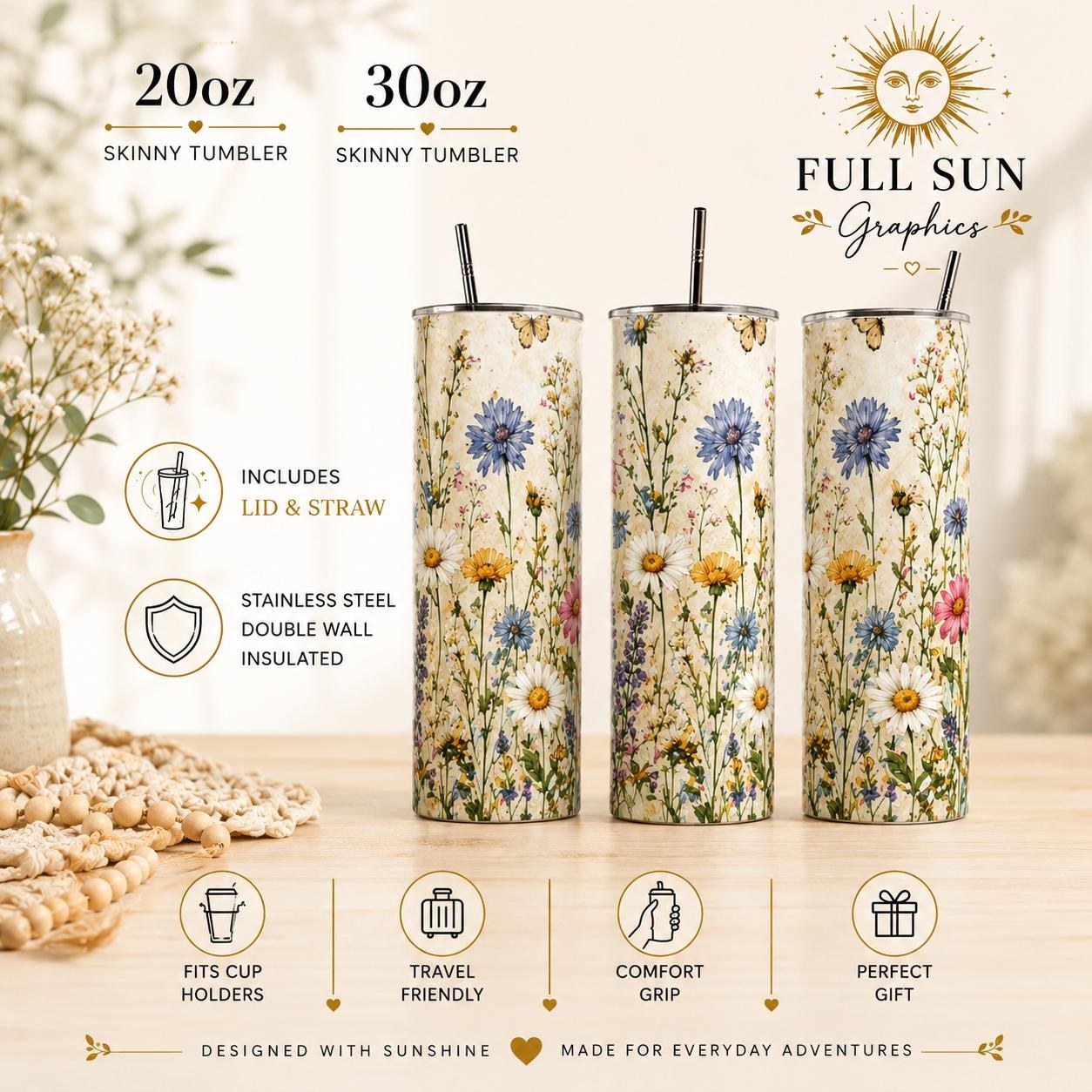 Wildflower Tumbler, Cottagecore Floral 20oz Stainless Steel Travel Cup, view 2