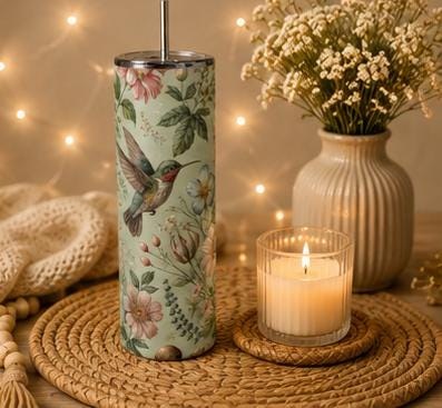 Hummingbird Botanical Floral Skinny Tumbler | Insulated Stainless Steel Cup, view 10