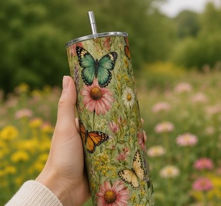 Butterfly Garden Tumbler, Vintage Botanical Wildflower Skinny Cup, view 8