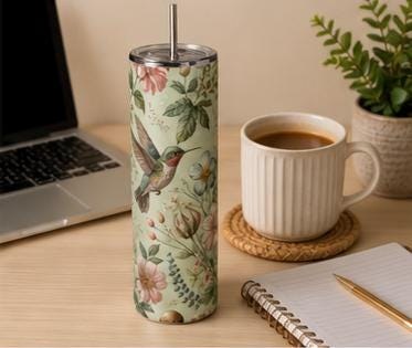 Hummingbird Botanical Floral Skinny Tumbler | Insulated Stainless Steel Cup, view 6
