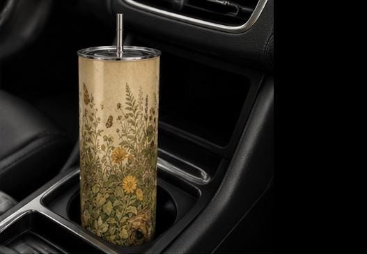 Vintage Botanical Wildflower Skinny Tumbler, Cottagecore Garden Travel Cup, view 5