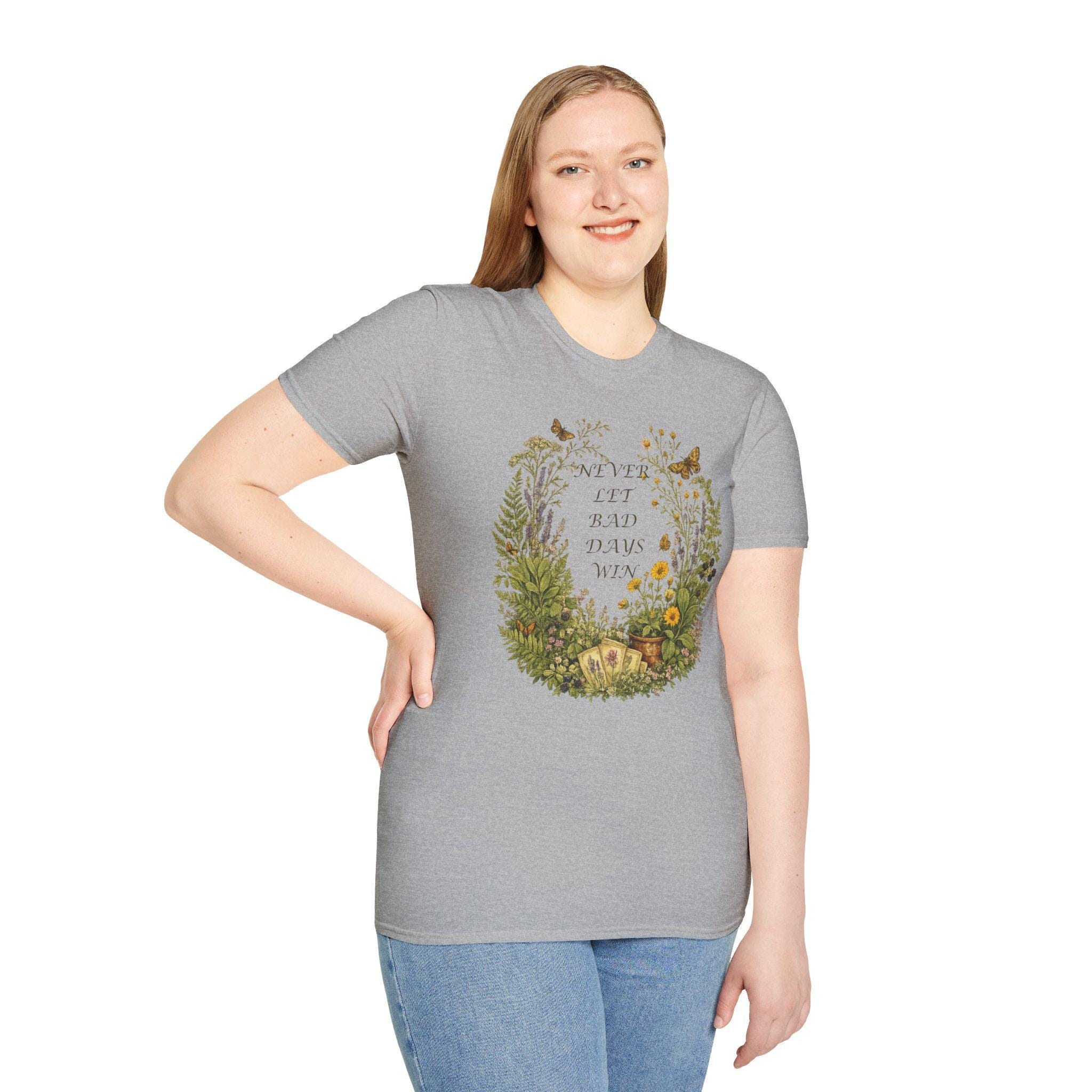 Floral Wreath T-Shirt, Inspirational Quote Tee, Never Let Bad Days Win, Nature Lover Gift, view 8