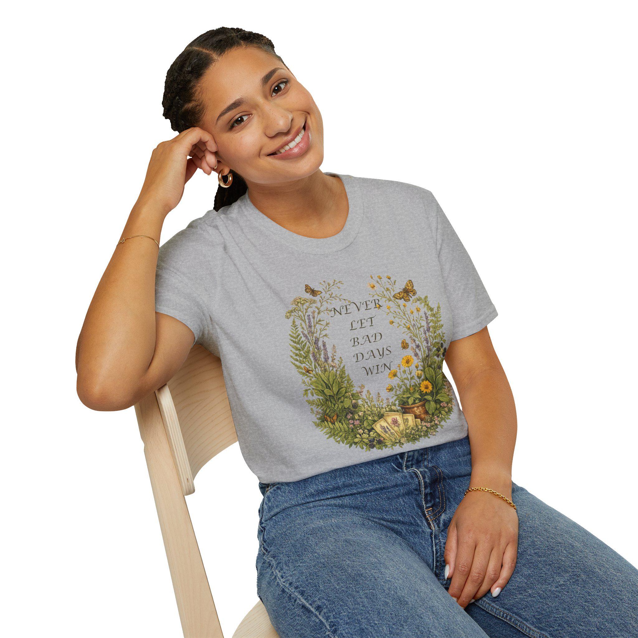 Floral Wreath T-Shirt, Inspirational Quote Tee, Never Let Bad Days Win, Nature Lover Gift, view 19