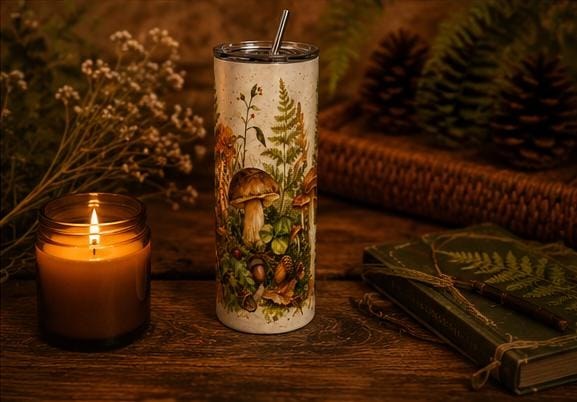 Mushroom Skinny Tumbler, Woodland Forest 20oz with Straw, Nature Lover Gift, view 5