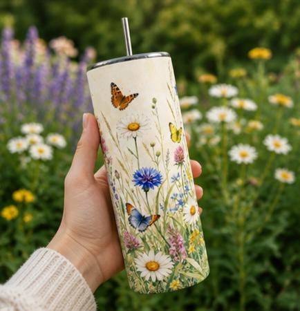 Wildflower Butterfly 20oz Skinny Tumbler Nature Lover Gift for Mom or Her, view 4