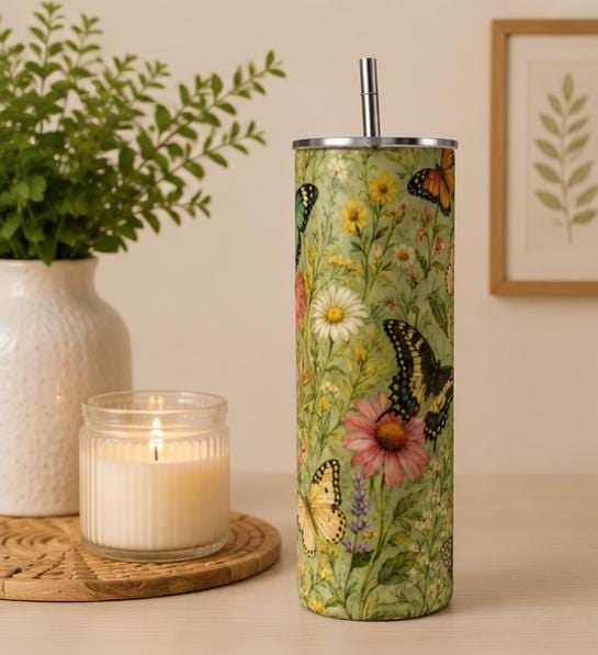Butterfly Garden Tumbler, Vintage Botanical Wildflower Skinny Cup, view 7