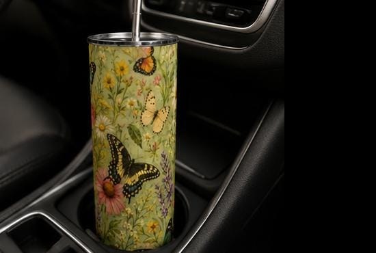 Butterfly Garden Tumbler, Vintage Botanical Wildflower Skinny Cup, view 6