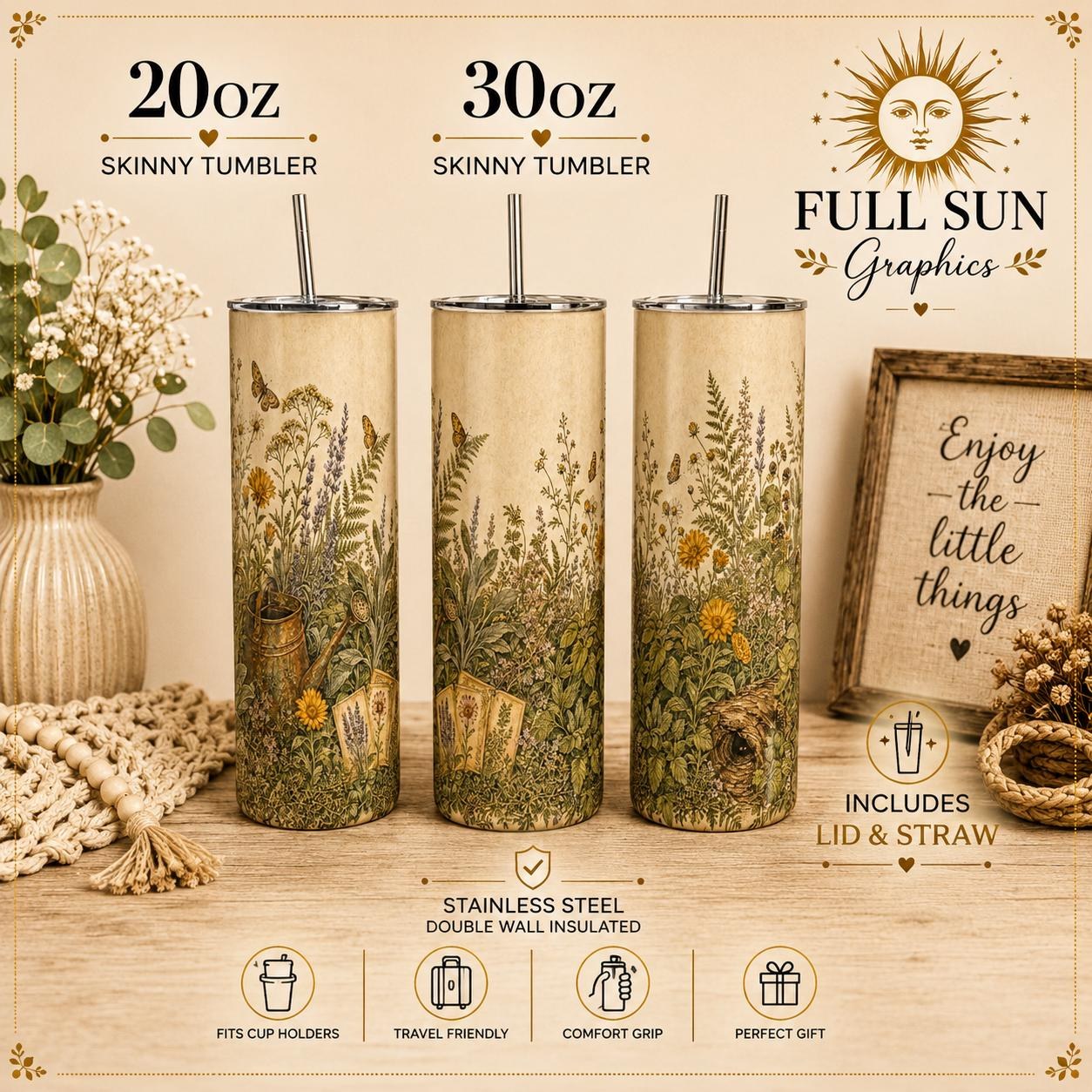 Vintage Botanical Wildflower Skinny Tumbler, Cottagecore Garden Travel Cup, view 2