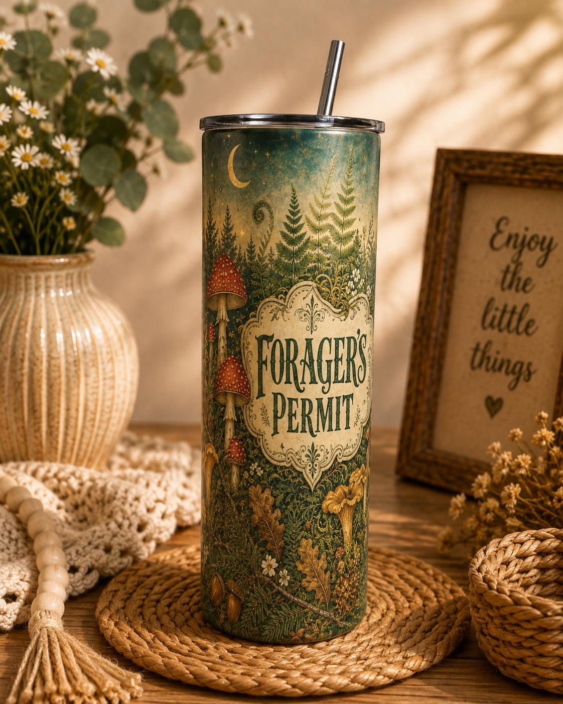 Forager's Permit Skinny Tumbler, Mushroom Cottagecore Cup,Cottagecore Nature Travel Mug