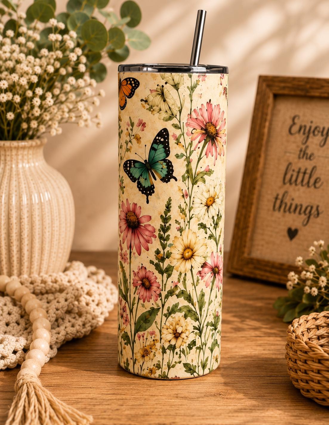 Butterfly Wildflower Tumbler | Cottagecore Boho Floral Mug | Gift for Her
