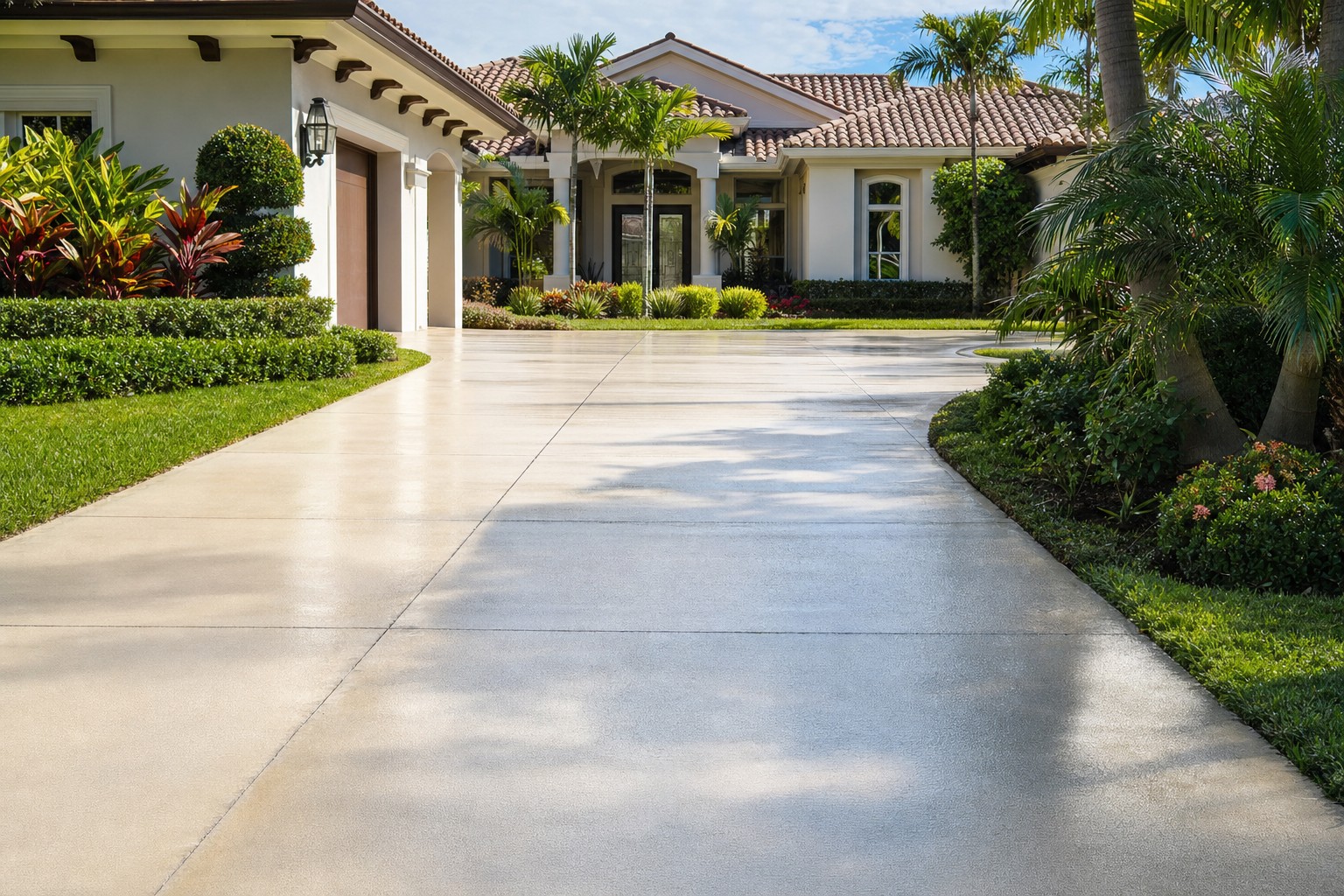 Clean exterior walkway and driveway at a well-kept home