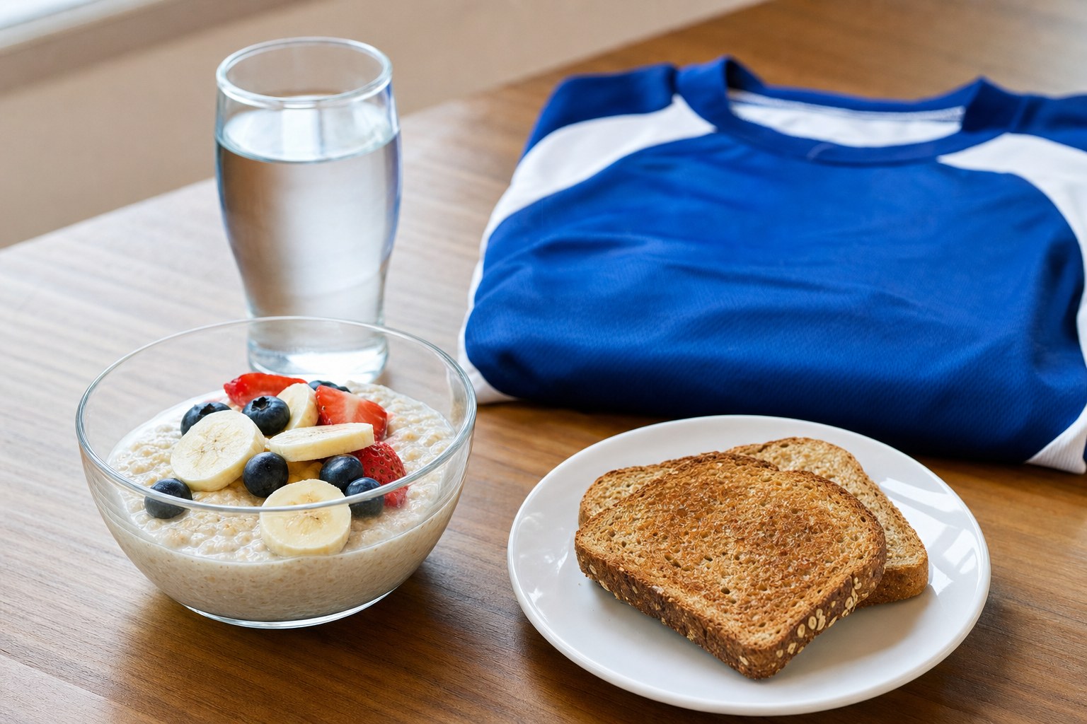 Oatmeal, fruit, toast and water prepared for a morning soccer game