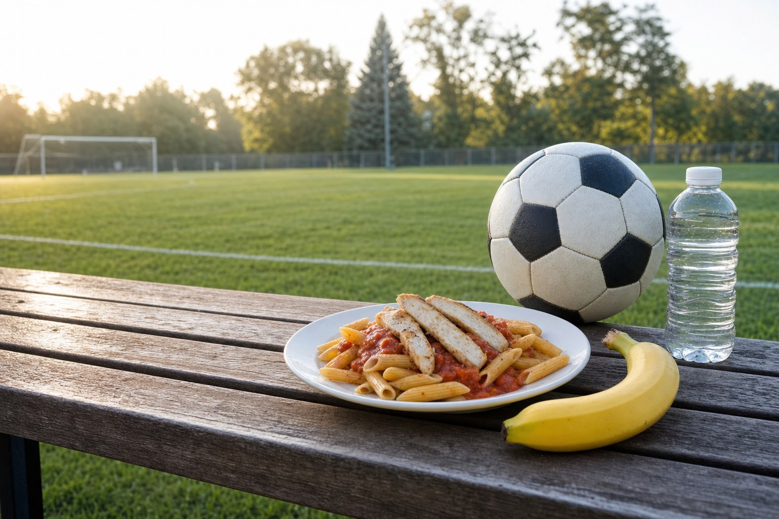A simple pre-game meal beside a soccer ball and water bottle