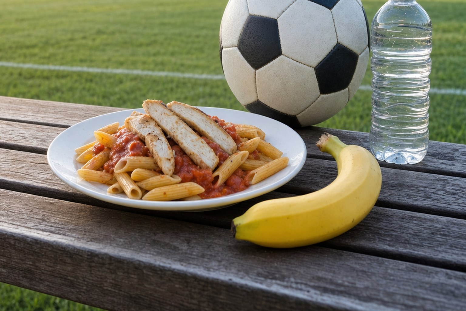 Simple familiar snacks and water for a young soccer player
