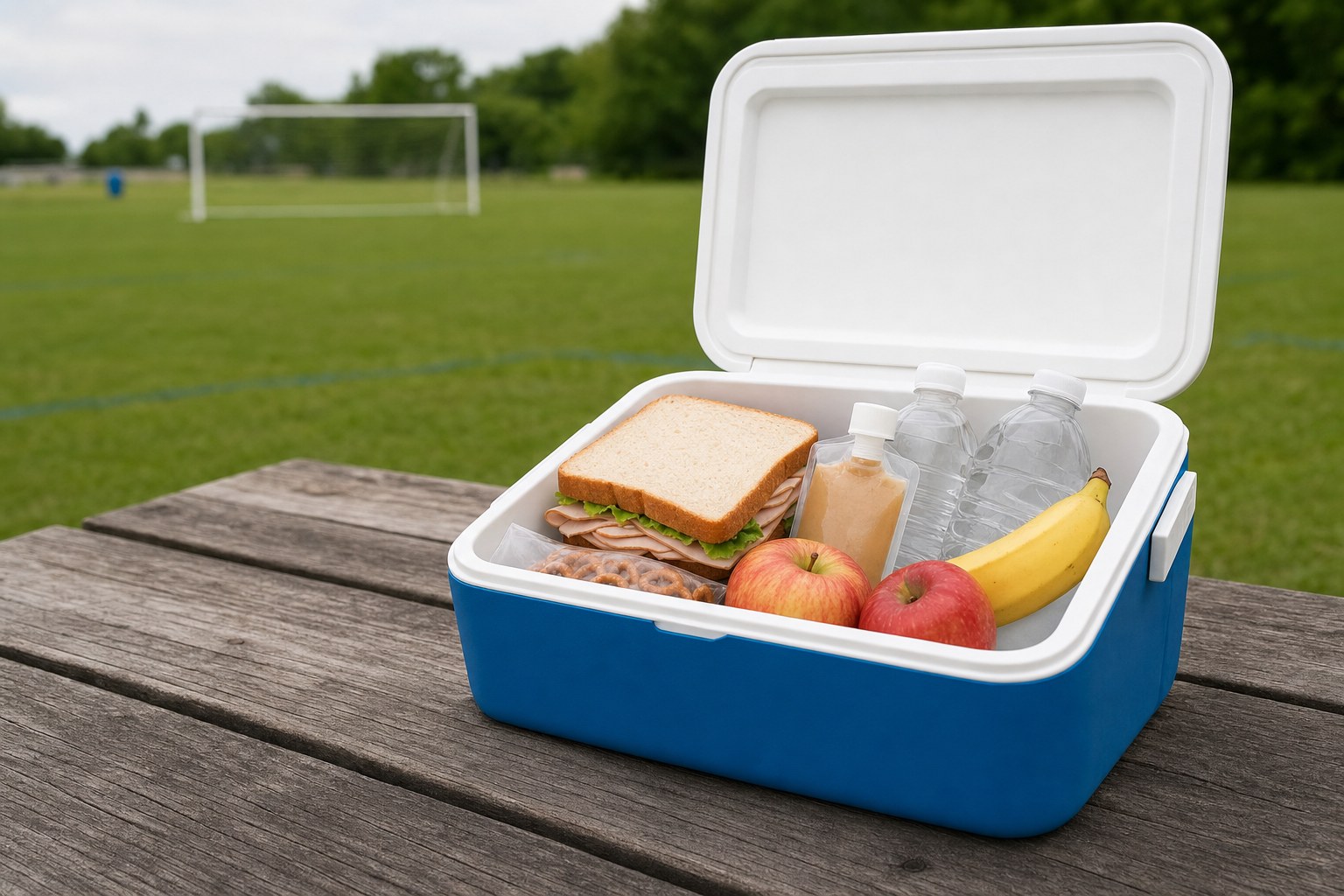 A cooler packed with food and drinks for a youth soccer tournament