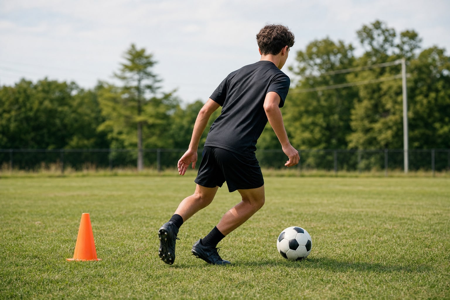 Youth soccer player turning with the ball beside a training cone