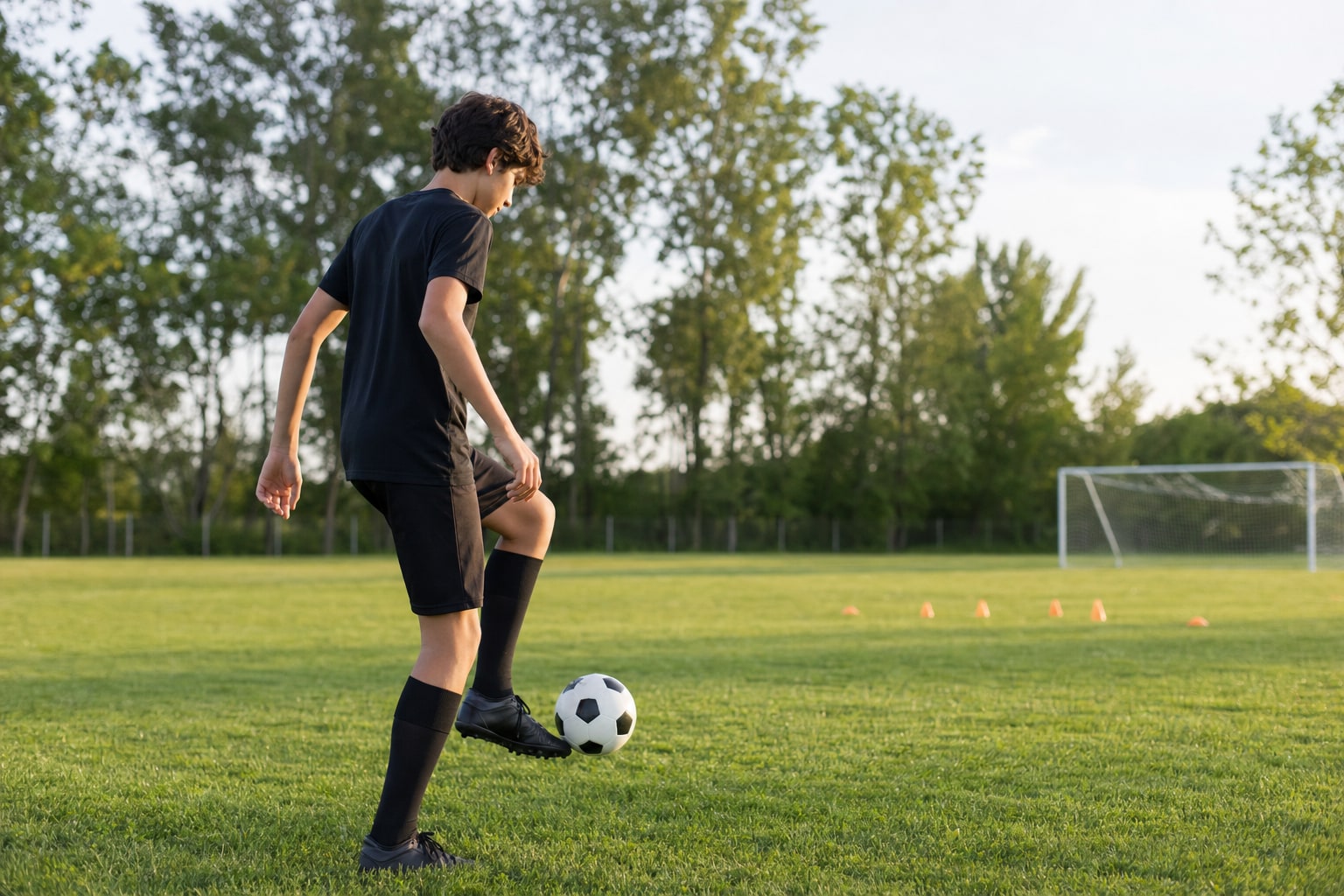 Youth soccer player practicing first touch with a ball on a grass field