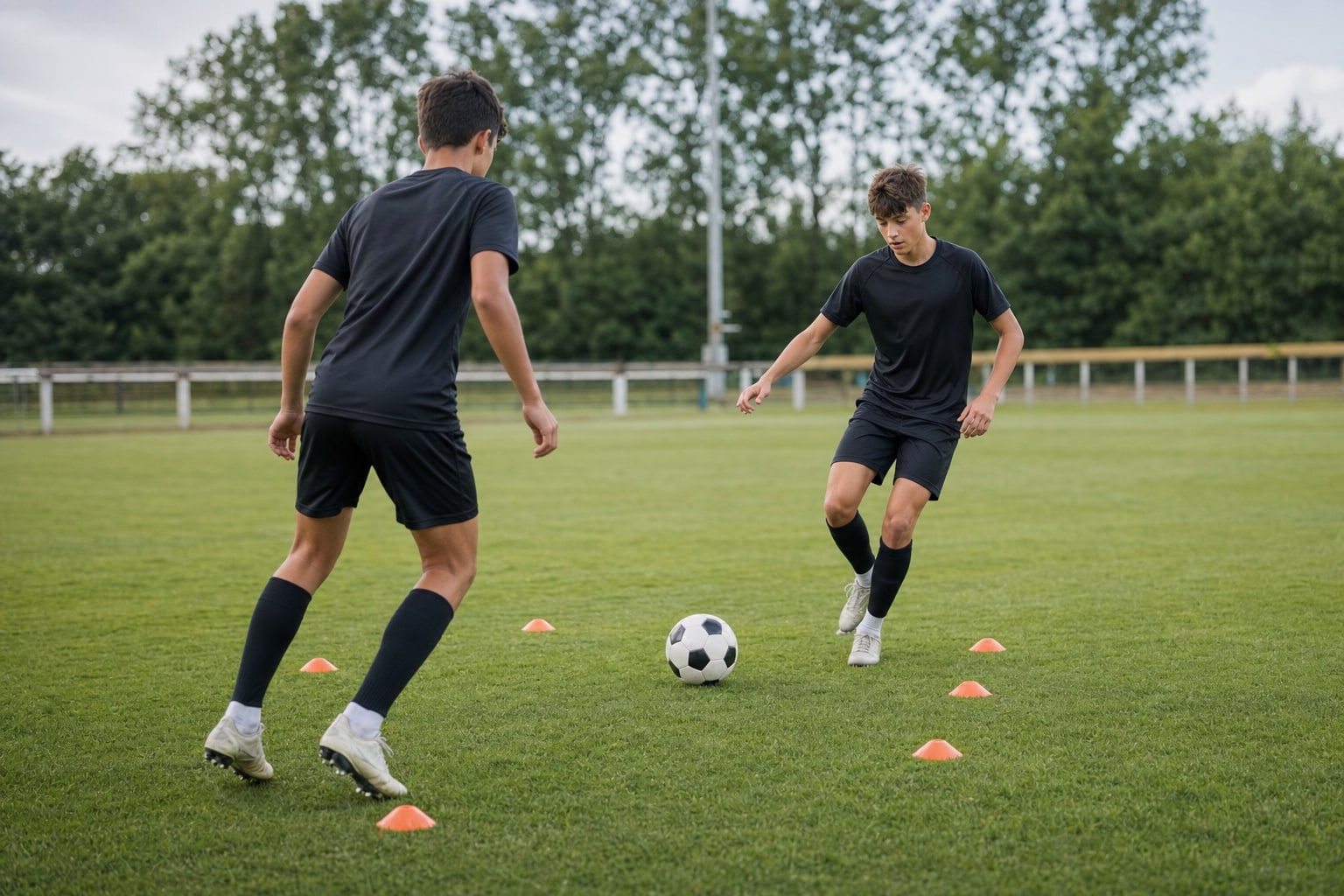 Two youth soccer players practicing a passing drill through cones