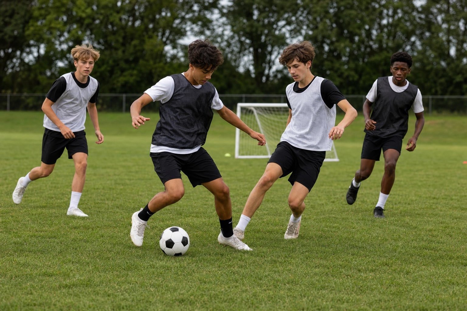 Four youth soccer players competing in a small-sided practice game