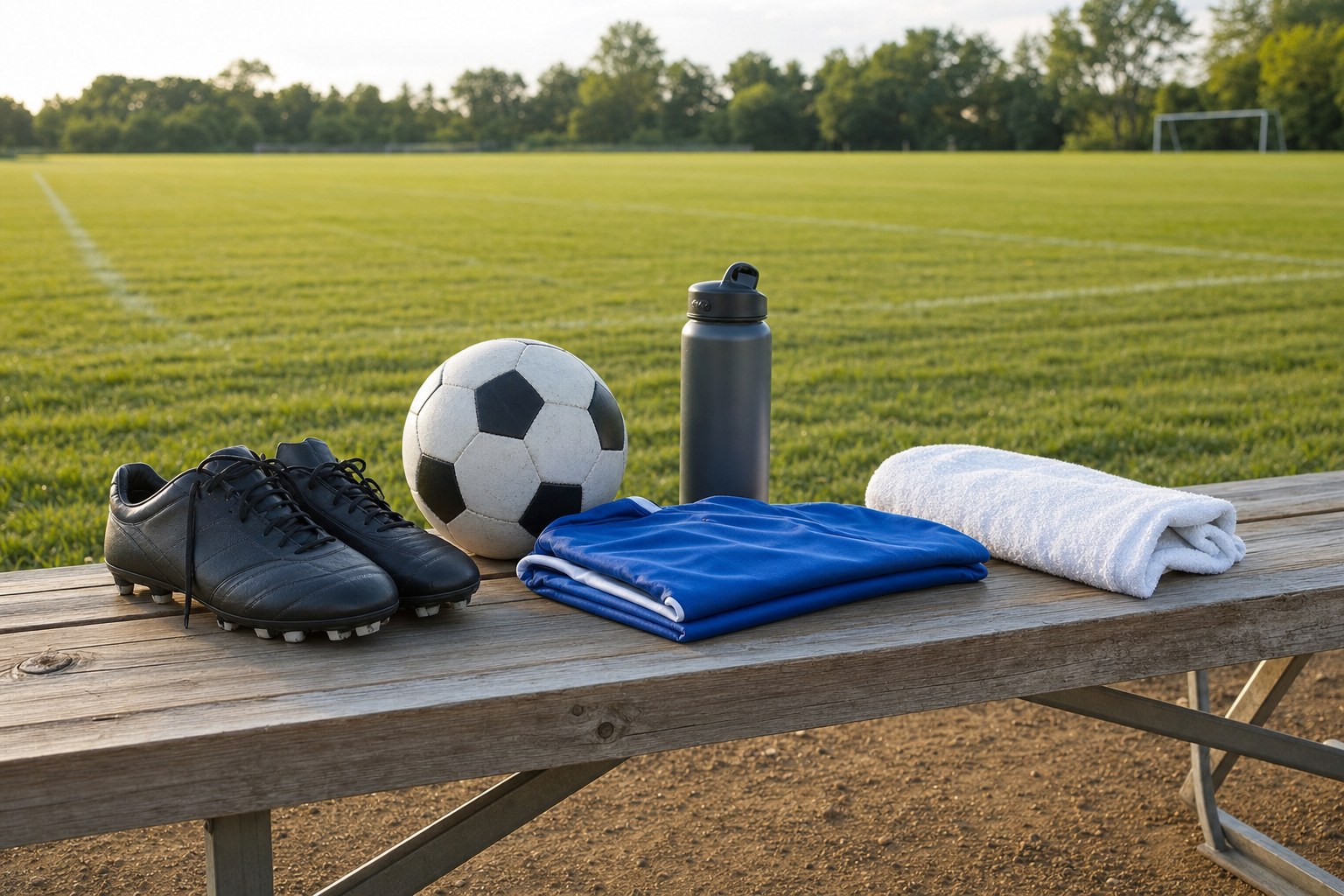 Soccer cleats, ball, towel and water bottle resting after a training session