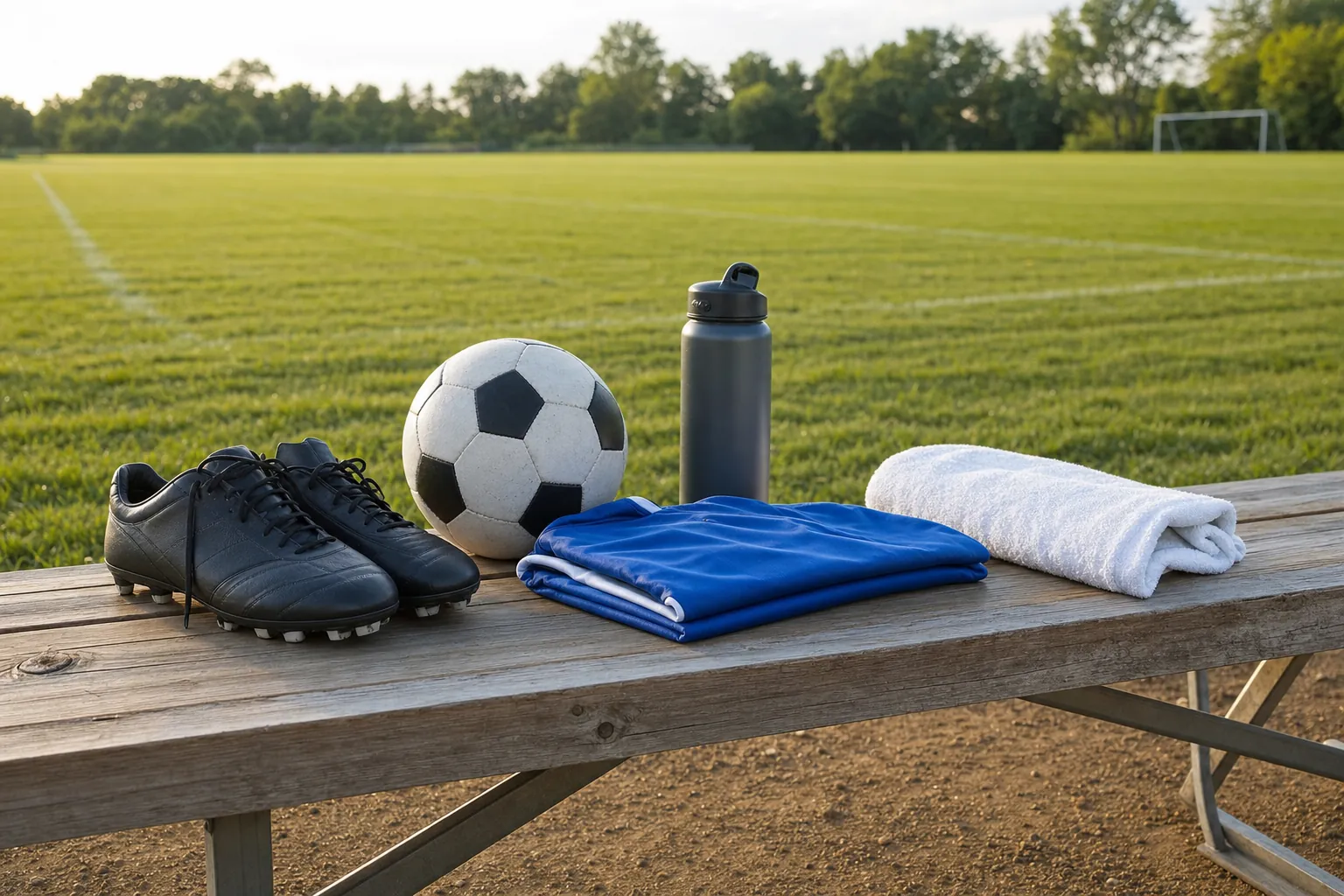 Soccer cleats, ball, towel and water bottle resting after a training session