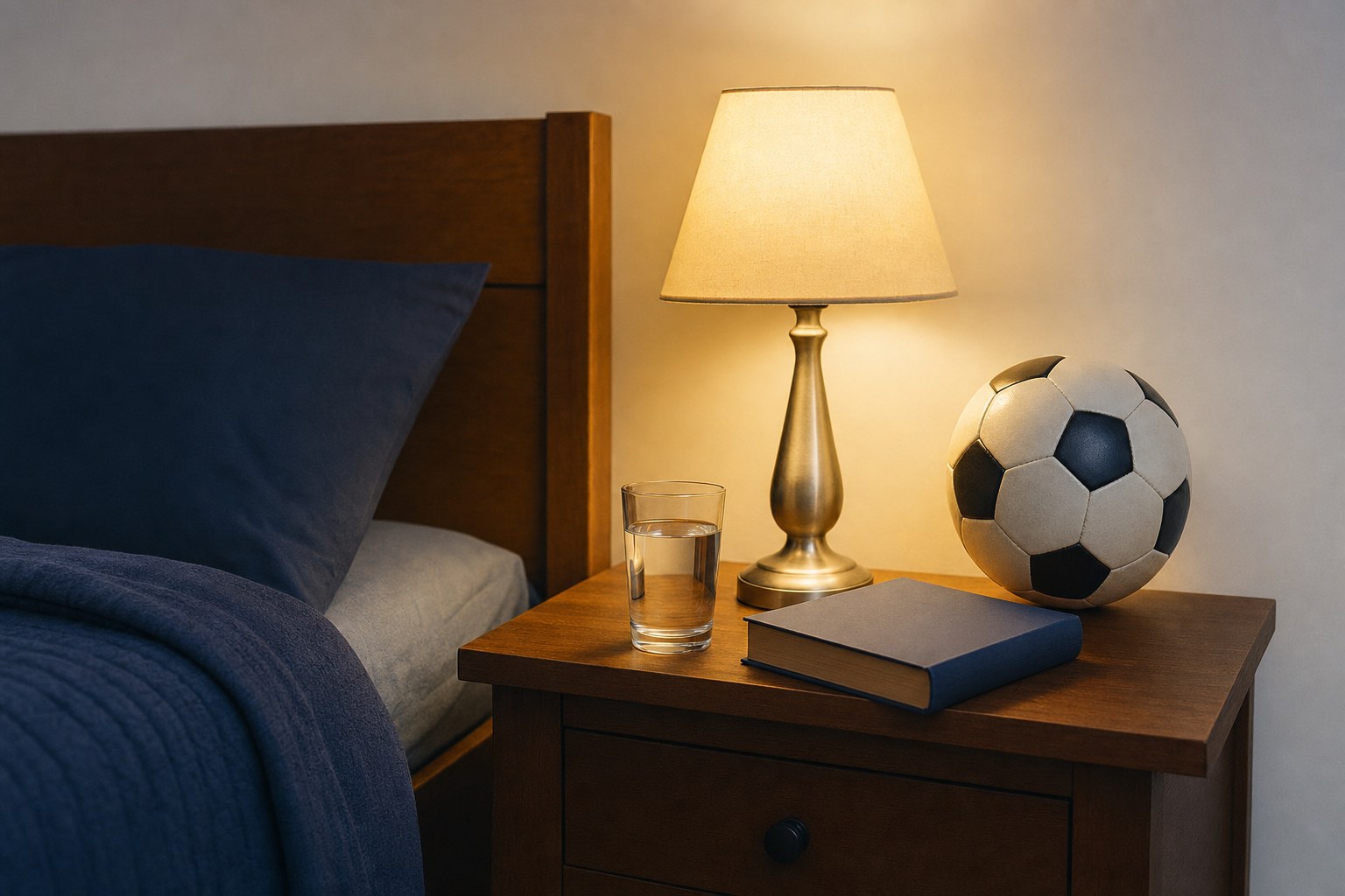A quiet evening scene with a soccer ball, book and water beside a bedside lamp