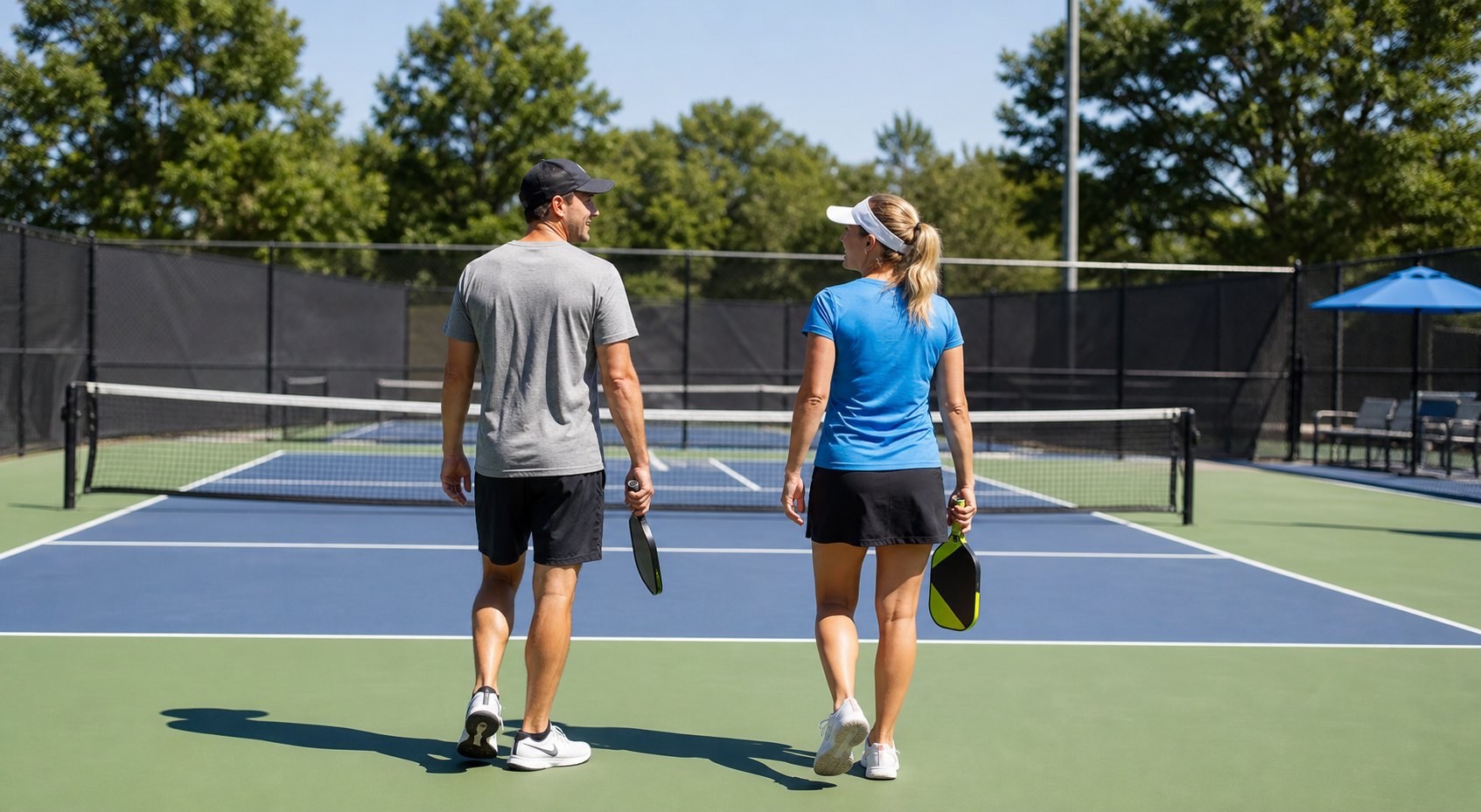 Two recreational pickleball players walking onto an outdoor court
