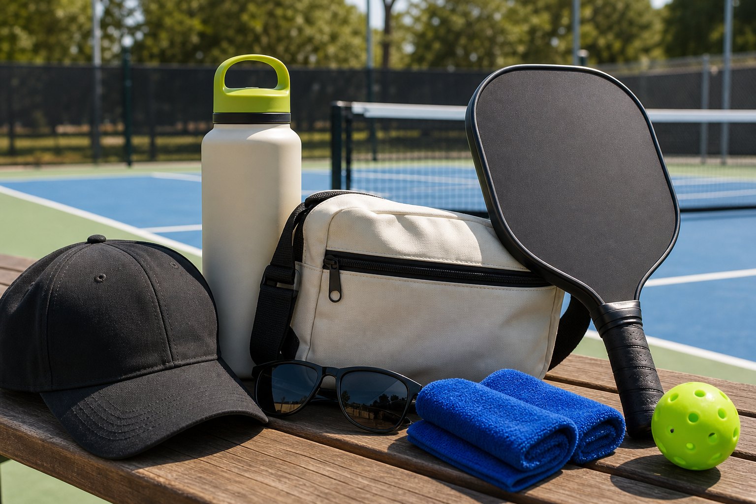 Pickleball accessories arranged beside an outdoor court