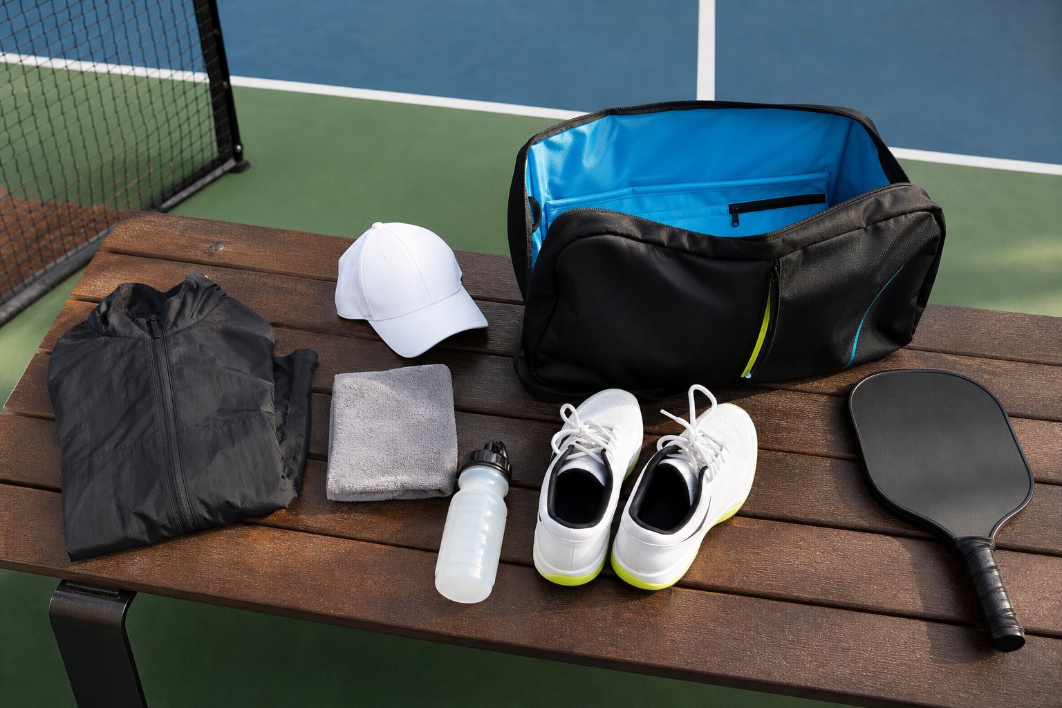 Pickleball gear packed on a bench beside an outdoor court