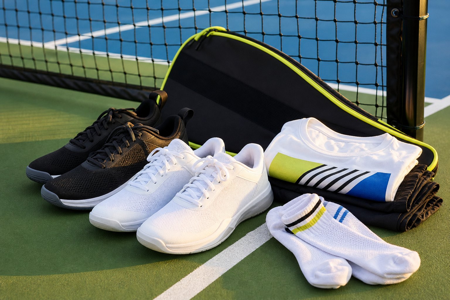 Court shoes, socks, apparel, and a paddle bag on a pickleball court