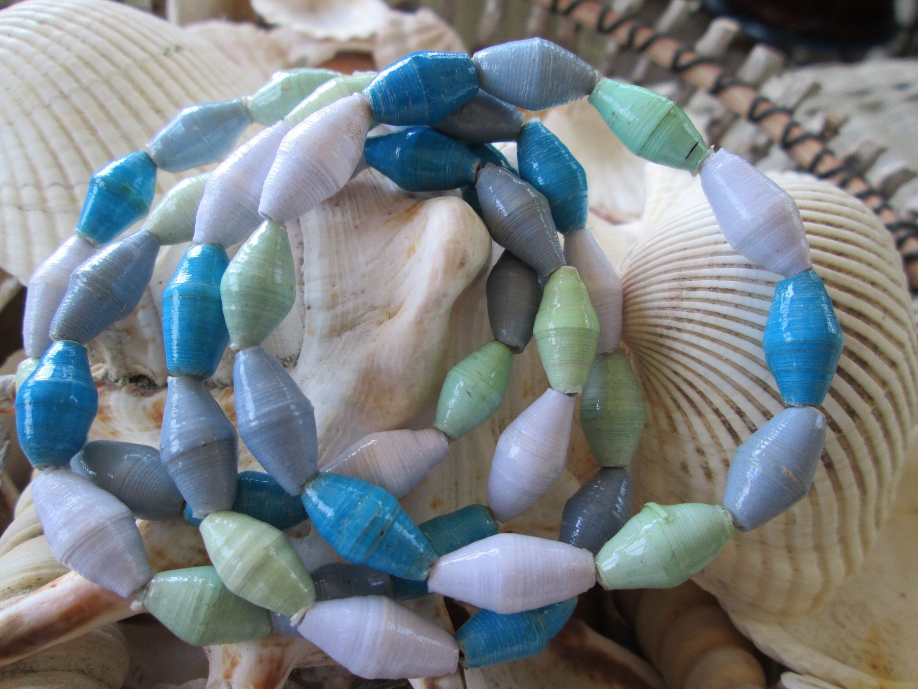 Bracelet trio, Outreach Uganda Sea Glass paper bead bracelets, 170, detail 2