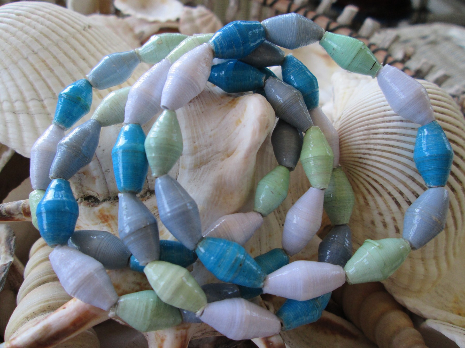 Bracelet trio, Outreach Uganda Sea Glass paper bead bracelets, 170, detail 3