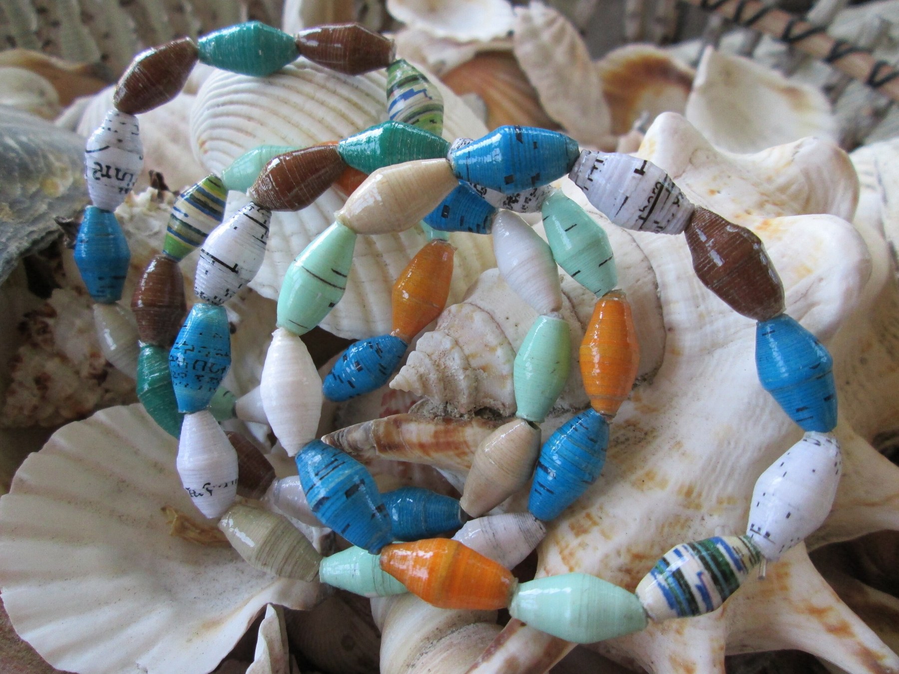 Bracelet trio, Outreach Uganda Seashore Sampler paper beaded bracelets, 172, detail 2