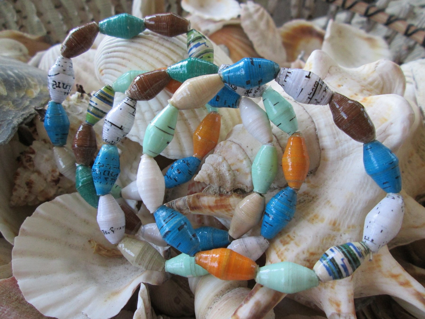 Bracelet trio, Outreach Uganda Seashore Sampler paper beaded bracelets, 172, detail 3