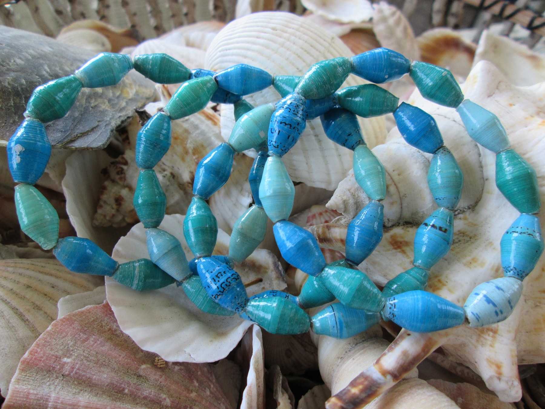 Bracelet trio, Outreach Uganda Aqua paper bead bracelets, 174, detail 2