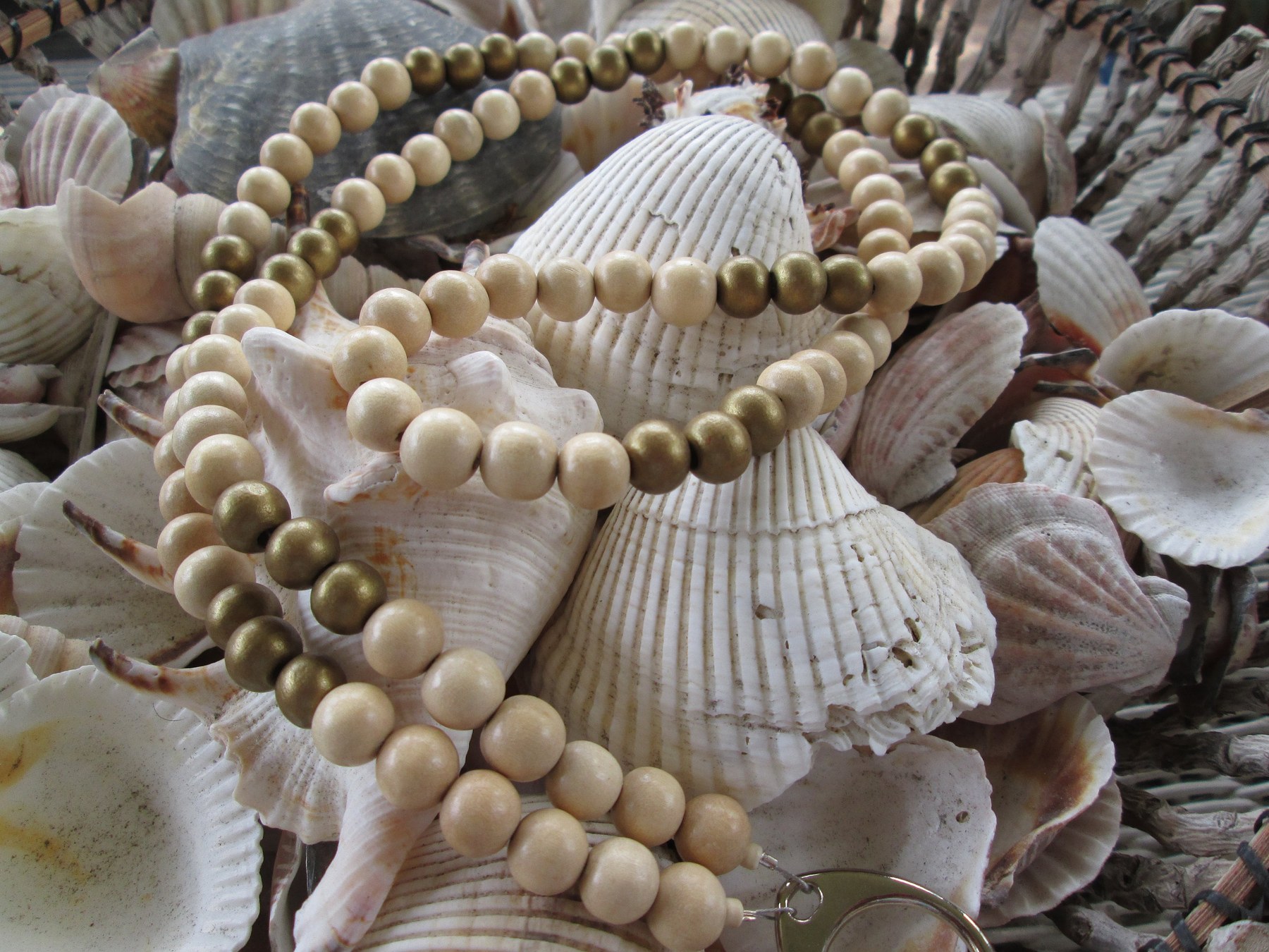 Lanyard, Whitewood and Metallic Gold wood beaded lanyard, 707