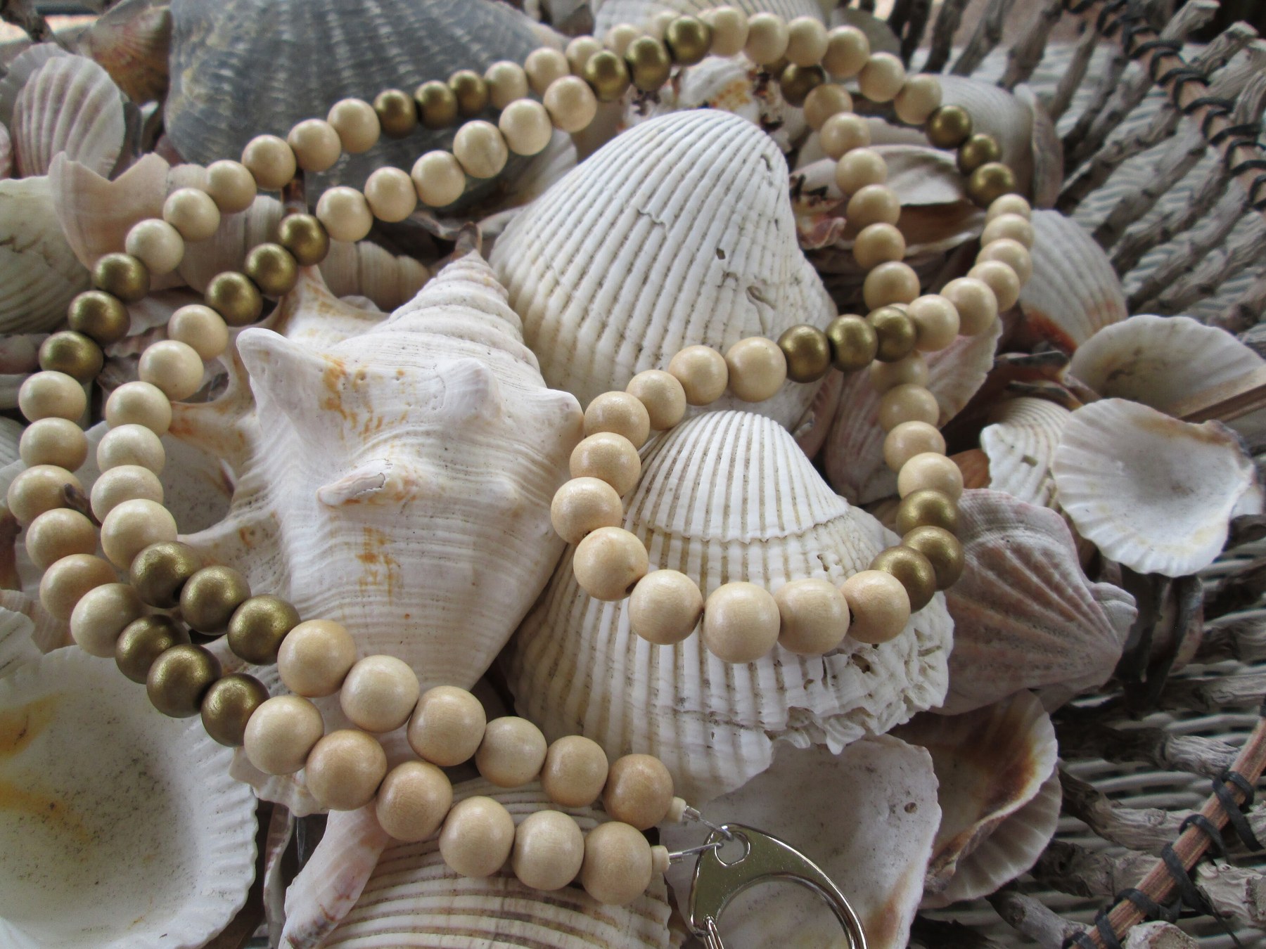 Lanyard, Whitewood and Metallic Gold wood beaded lanyard, 707, detail 2