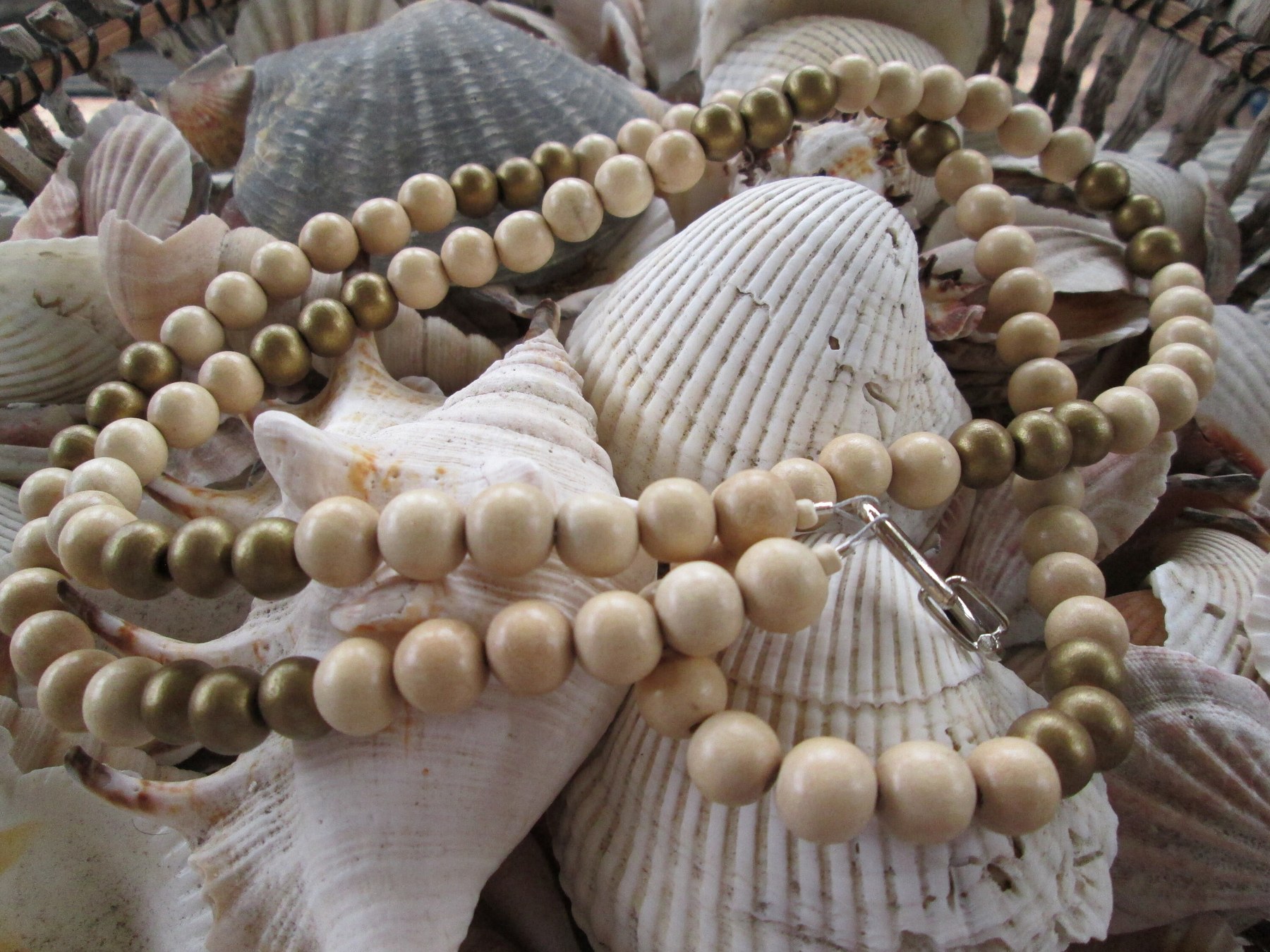 Lanyard, Whitewood and Metallic Gold wood beaded lanyard, 707, detail 4