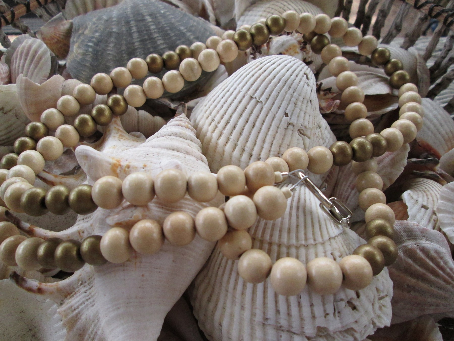 Lanyard, Whitewood and Metallic Gold wood beaded lanyard, 707, detail 5