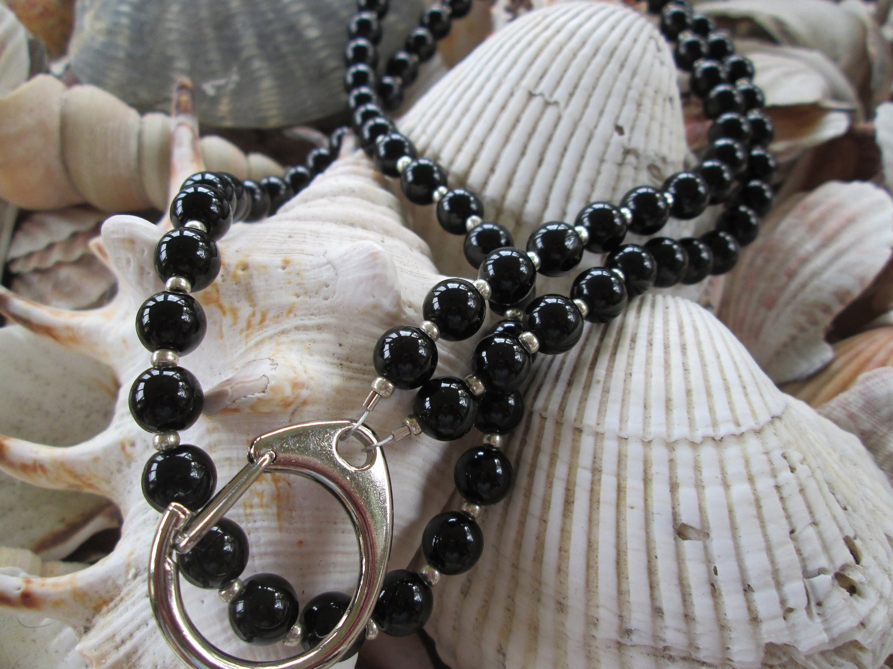 Black Obsidian Beaded Lanyard, Natural Gemstone ID Badge Holder Necklace, Eyeglass Chain, Teacher Nurse Gift, Handmade, detail 2