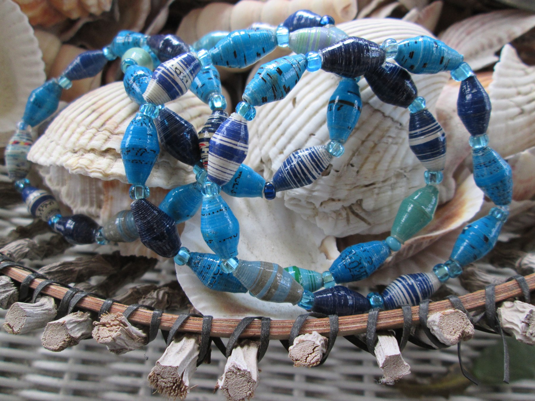 Bracelet trio, Outreach Uganda Blue Mix paper beaded bracelets, 159