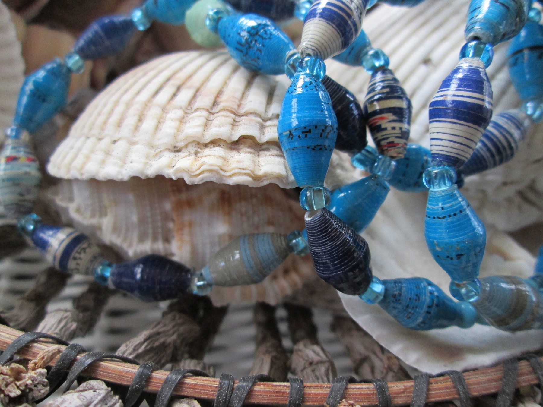 Bracelet trio, Outreach Uganda Blue Mix paper beaded bracelets, 159, detail 2