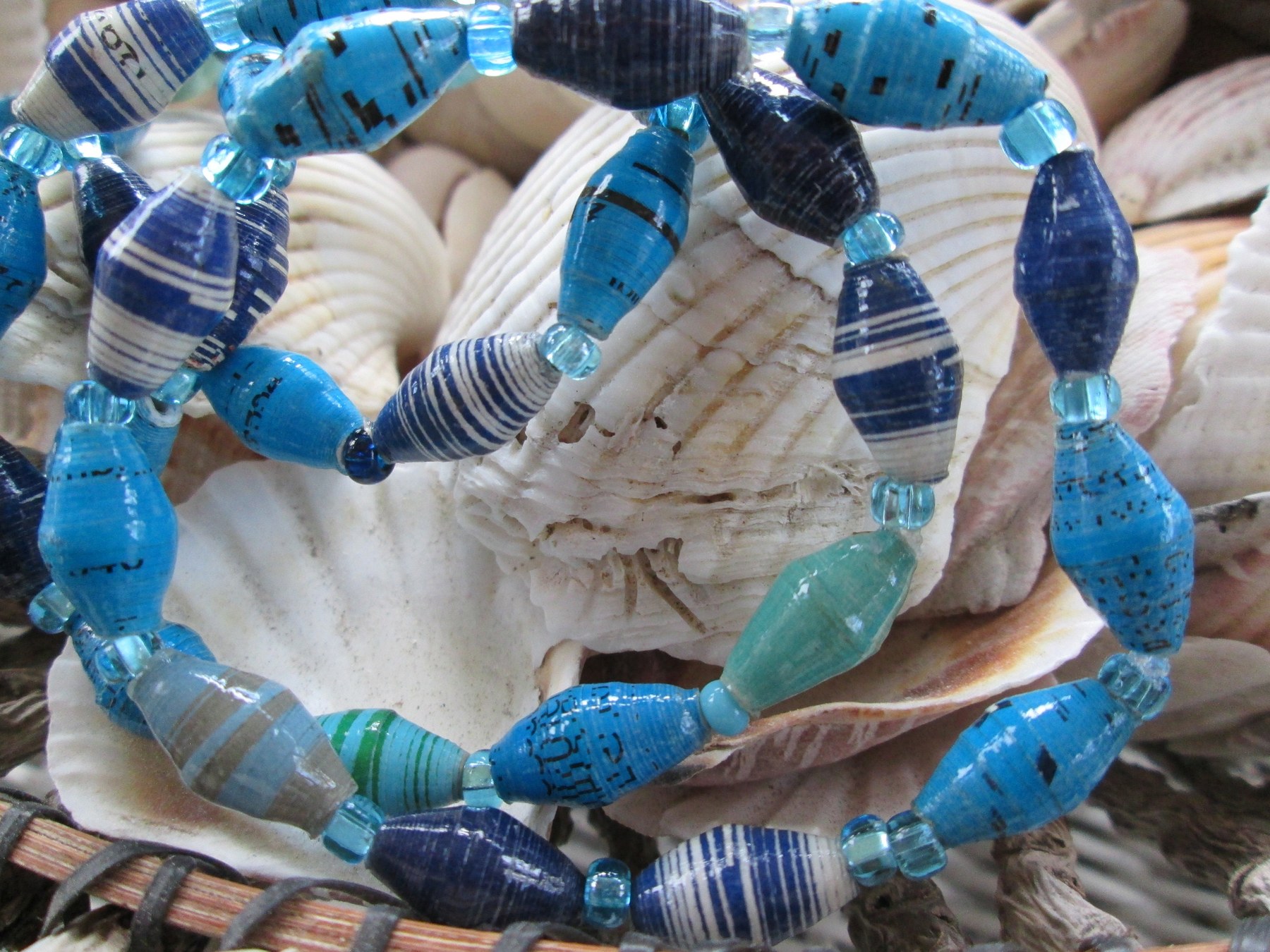 Bracelet trio, Outreach Uganda Blue Mix paper beaded bracelets, 159, detail 3