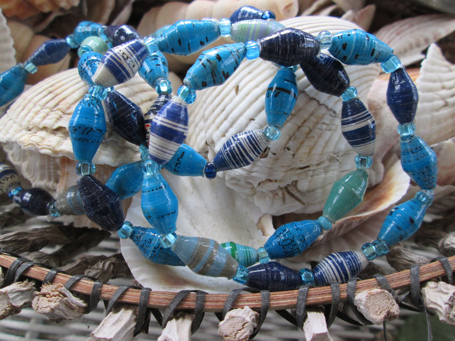 Bracelet trio, Outreach Uganda Blue Mix paper beaded bracelets, 159, detail 4