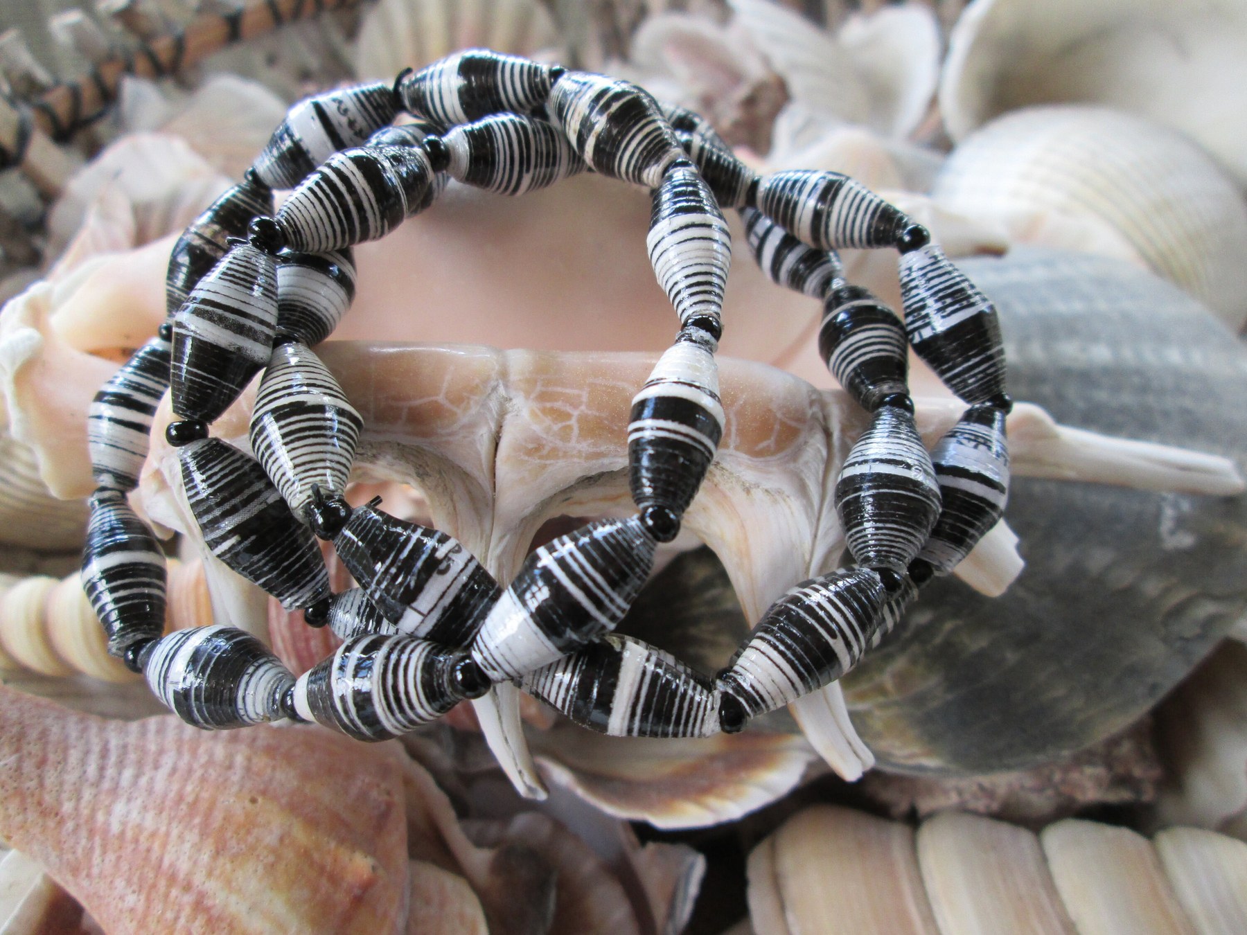 Bracelet trio, Outreach Uganda black and white paper beaded bracelets, 180