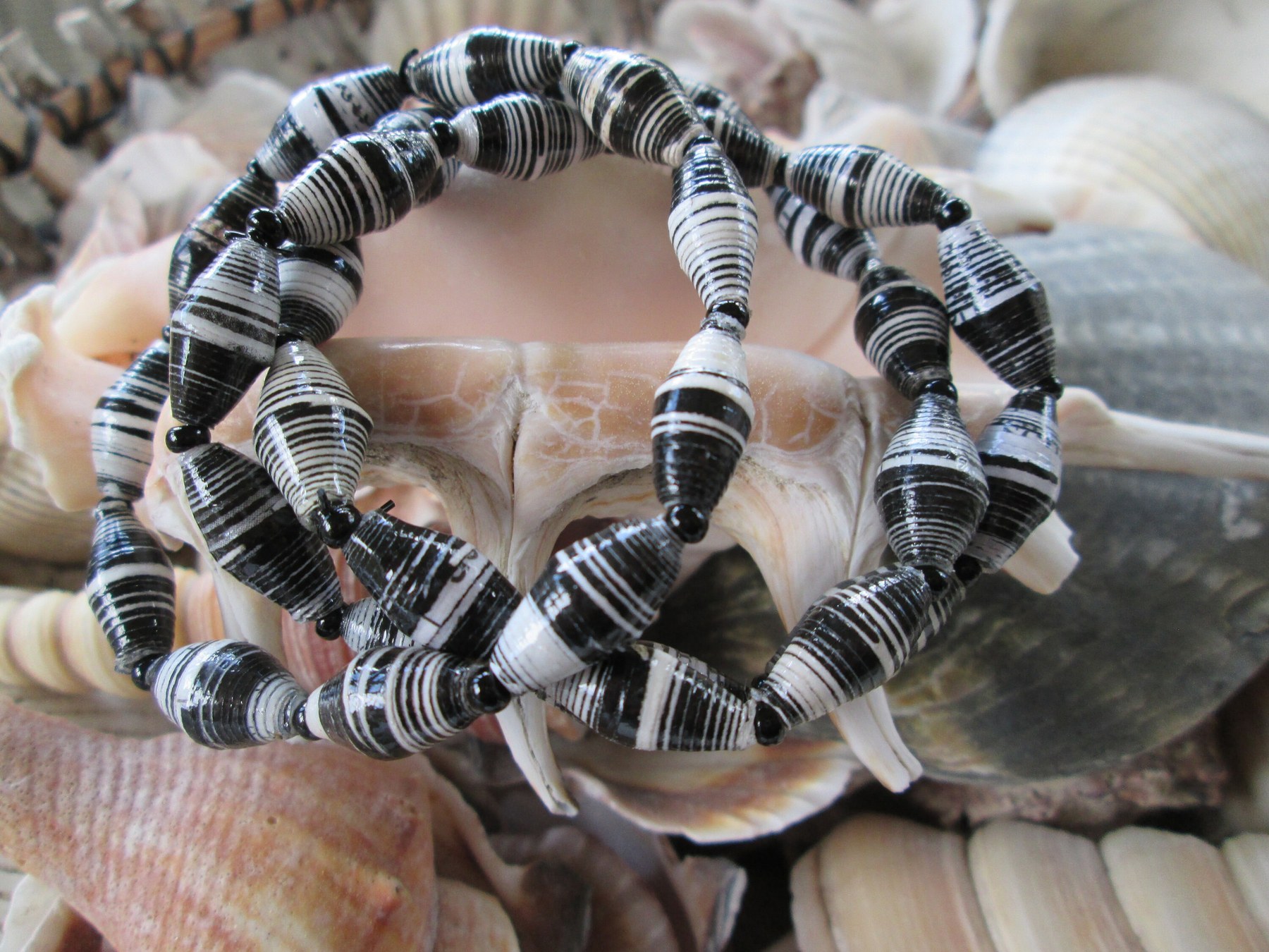 Bracelet trio, Outreach Uganda black and white paper beaded bracelets, 180, detail 2