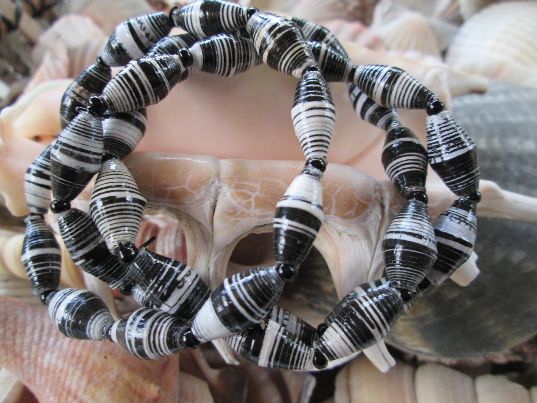 Bracelet trio, Outreach Uganda black and white paper beaded bracelets, 180, detail 3